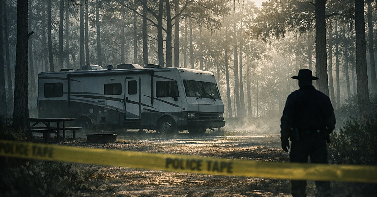 RV in forest campground cordoned with police tape, officer silhouette in background, misty dawn atmosphere