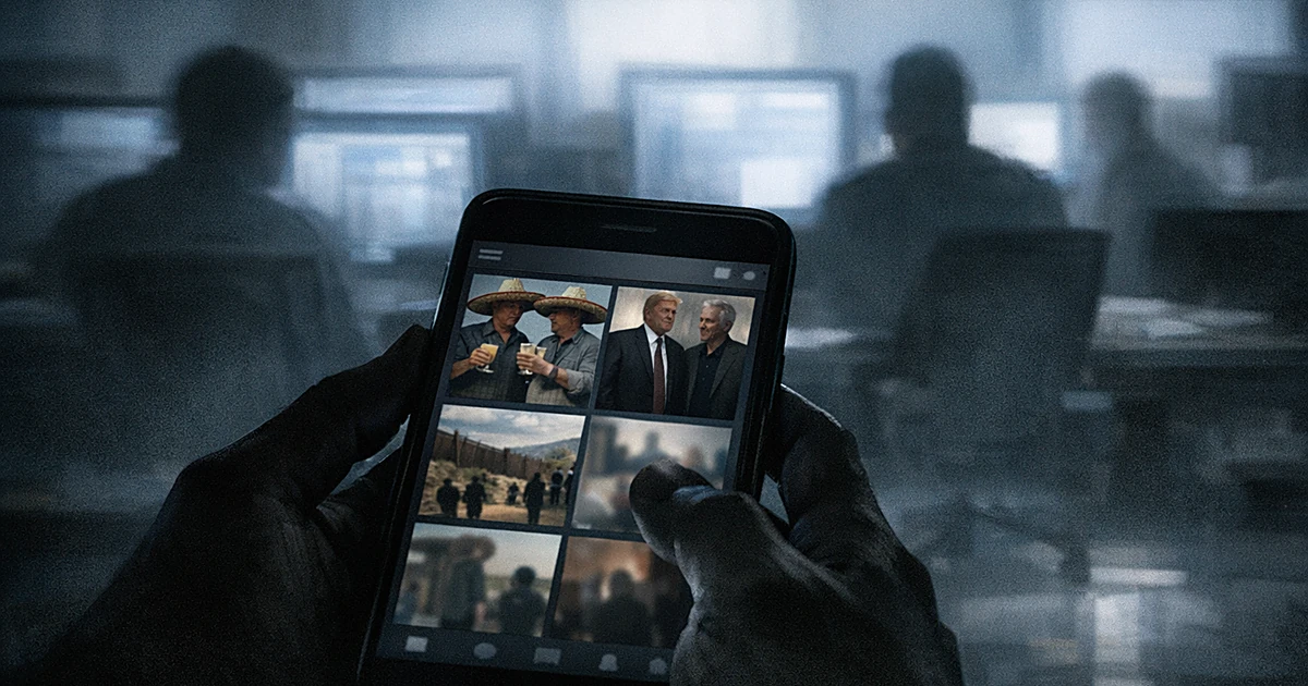 Hands holding smartphone showing social media grid while silhouetted figures work at computers in background