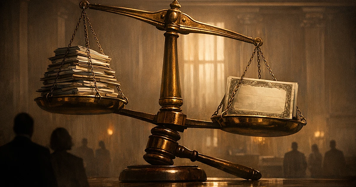 Suspended scales of justice in dark courtroom with legal documents and bond certificate, silhouetted figures in background
