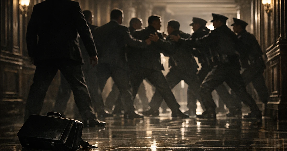 Silhouetted security personnel in tense standoff in ornate corridor with briefcase on floor