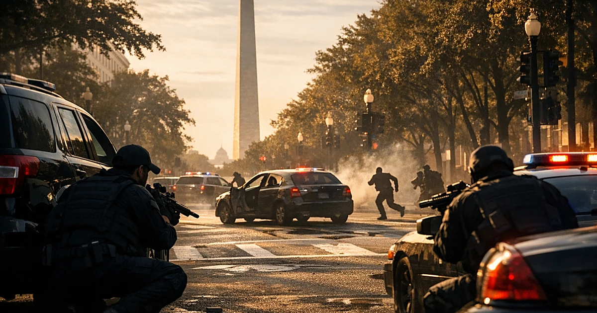 Silhouetted law enforcement figures behind vehicles on urban street with Washington Monument in background