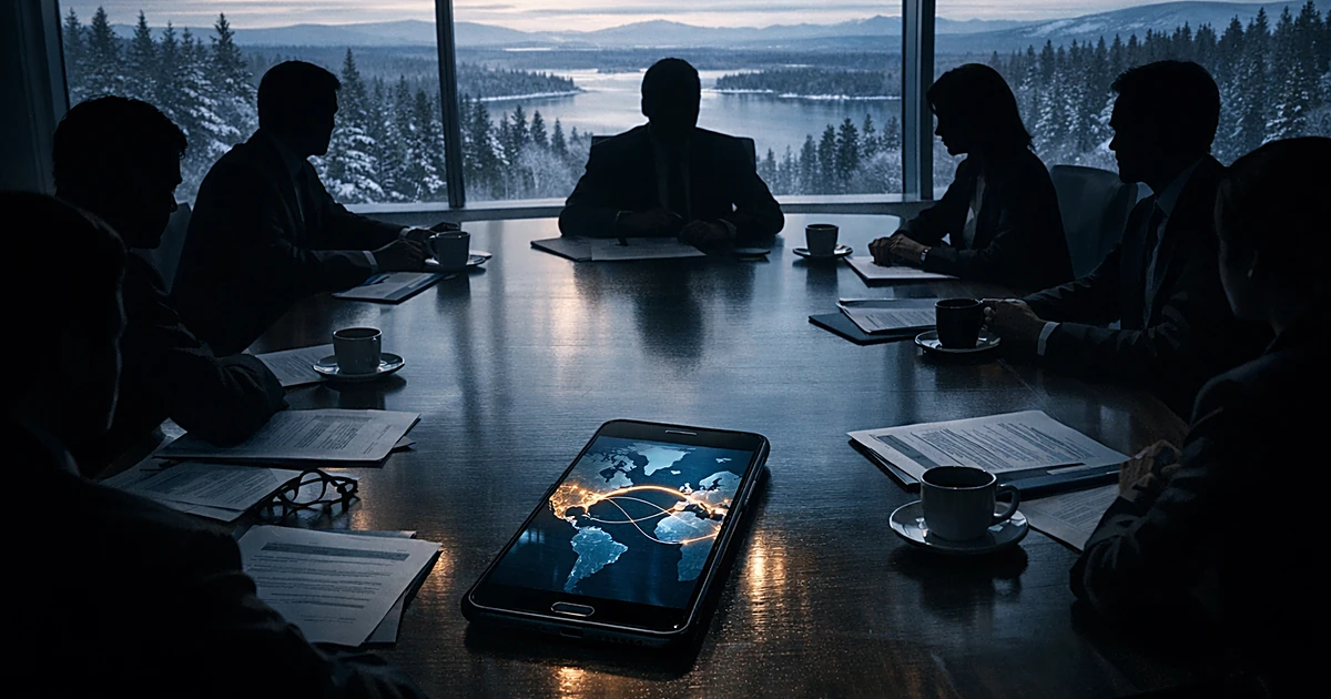 Silhouetted figures at conference table with winter forest view and illuminated map showing international trade routes
