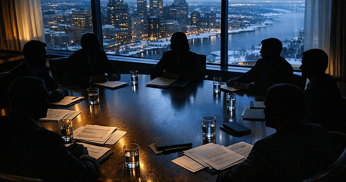 Silhouetted figures around conference table in modern room overlooking winter city skyline