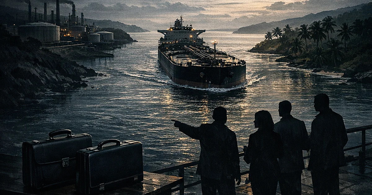 Oil tanker between two coastlines with silhouetted figures on dock and diplomatic briefcases suggesting coordination