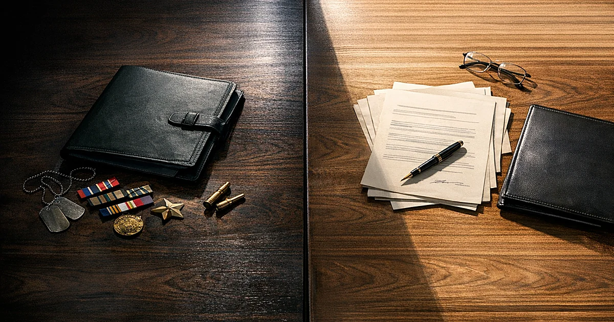 Conference table split by dramatic lighting with military items on one side and diplomatic documents on the other