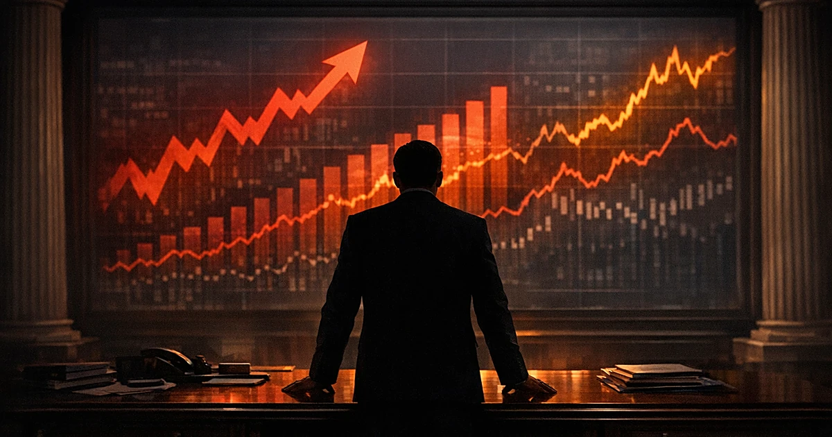 Silhouetted figure at desk facing illuminated economic charts showing rising interest rates in ornate chamber