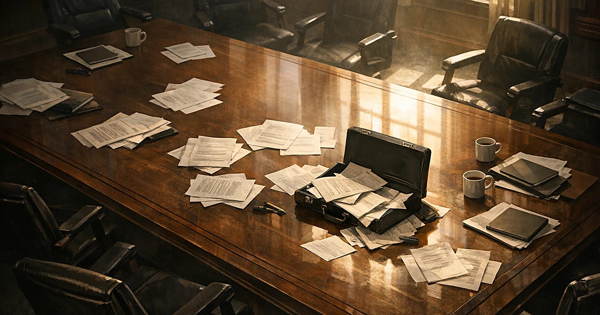 Empty conference room with scattered papers and pushed-back chairs suggesting an abruptly abandoned meeting