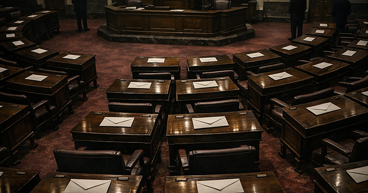 Overhead view of empty Senate chamber with sealed envelopes on desks and silhouetted figures in background