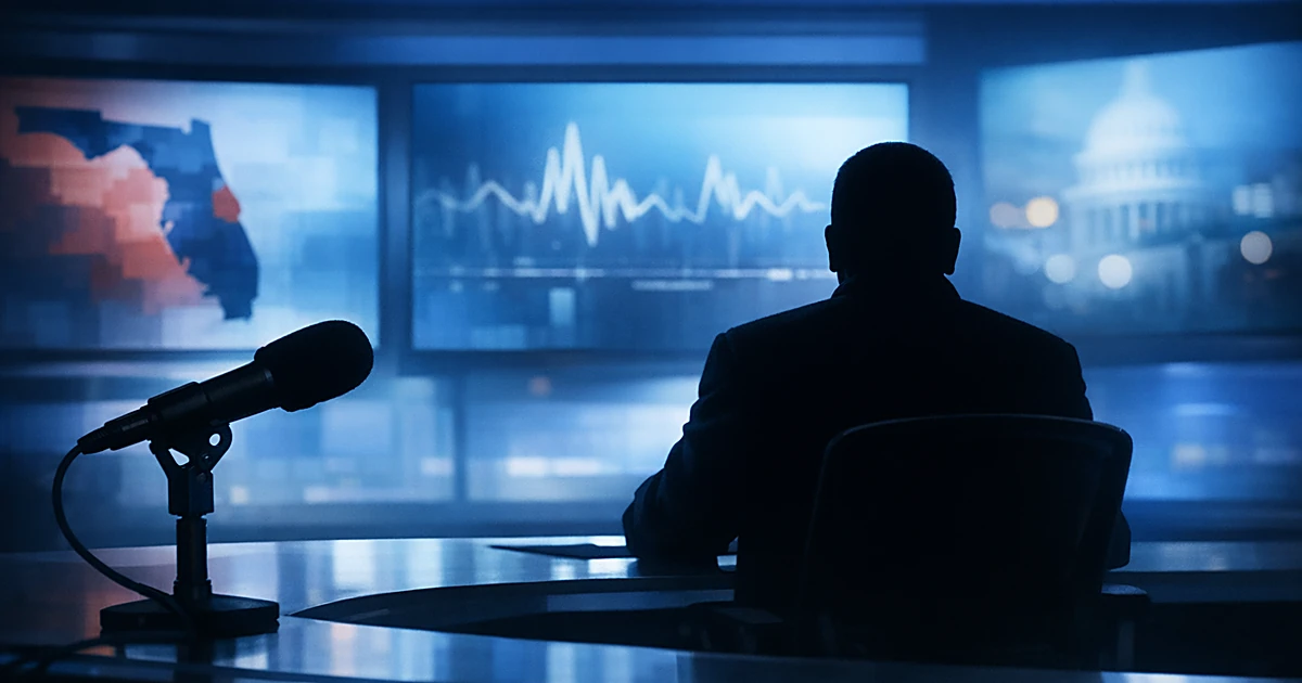 Silhouette of broadcast desk with figure backlit by studio monitors in blue lighting