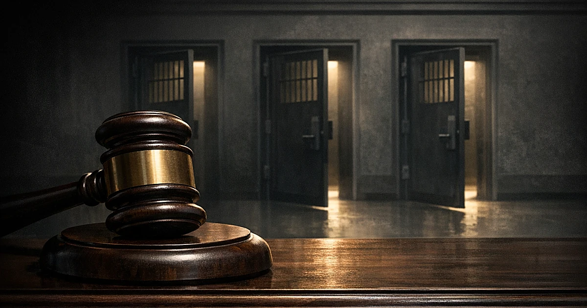 Gavel on bench blocking view of three detention facility doors in shadow, representing judicial obstacle to detention