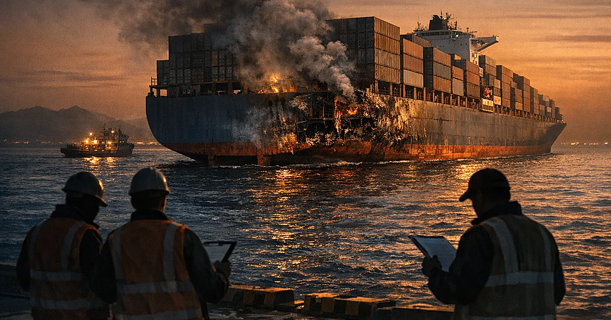 Damaged cargo ship with smoke rising from stern, investigators silhouetted on dock examining vessel in evening light