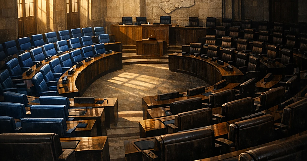 Empty parliamentary chamber with semicircular seating arrangement, some seats highlighted to show electoral seat distribution