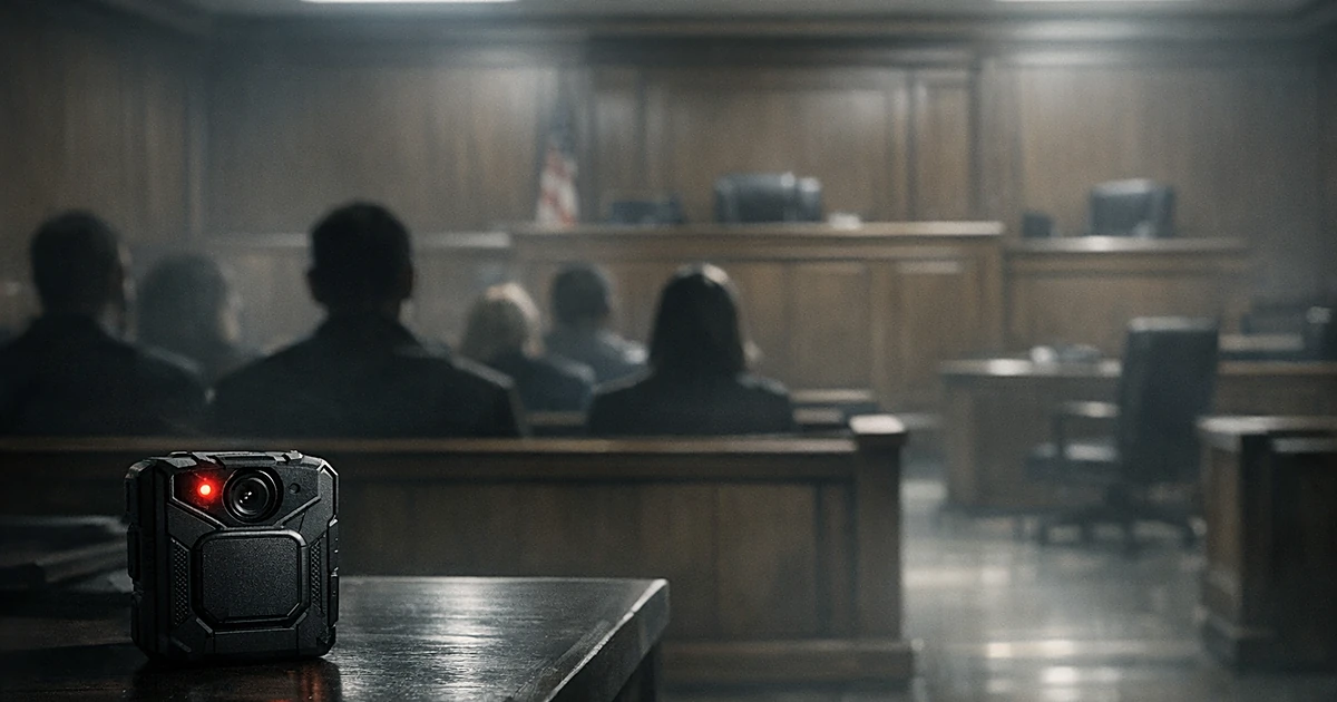 Courtroom interior with silhouetted figures in gallery seating and bodycam on evidence table in foreground