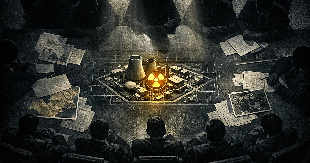 Overhead view of negotiation table with nuclear facility diagrams surrounded by silhouetted figures in conference