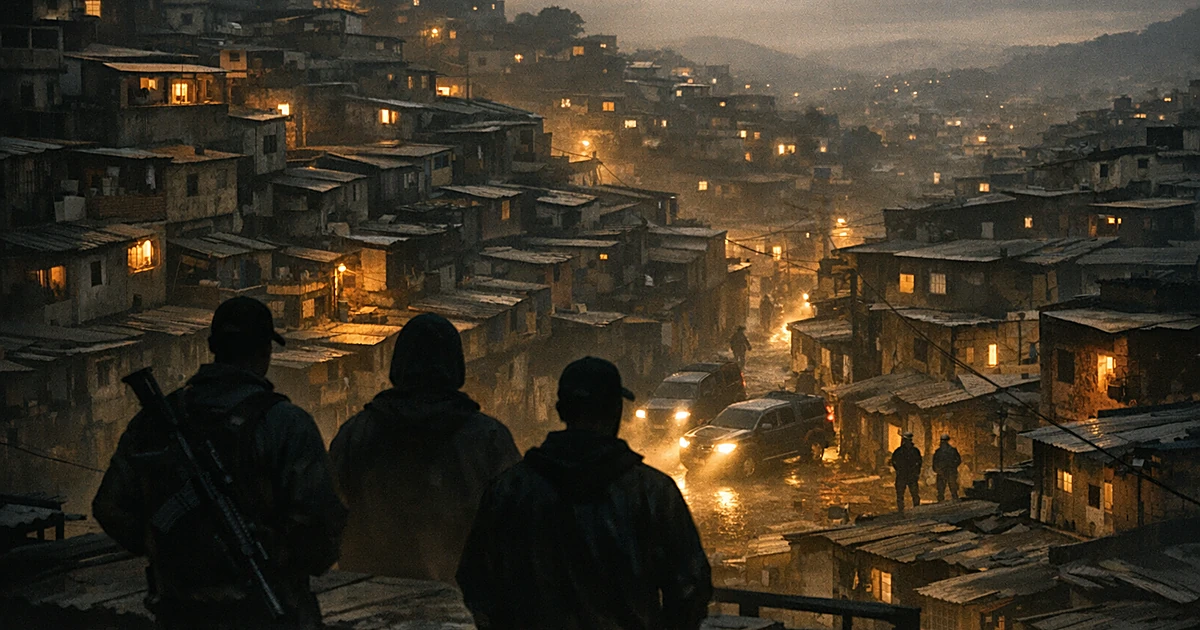 Silhouetted figures overlook dense favela hillside at dusk with scattered lights and vehicles in shadowy streets
