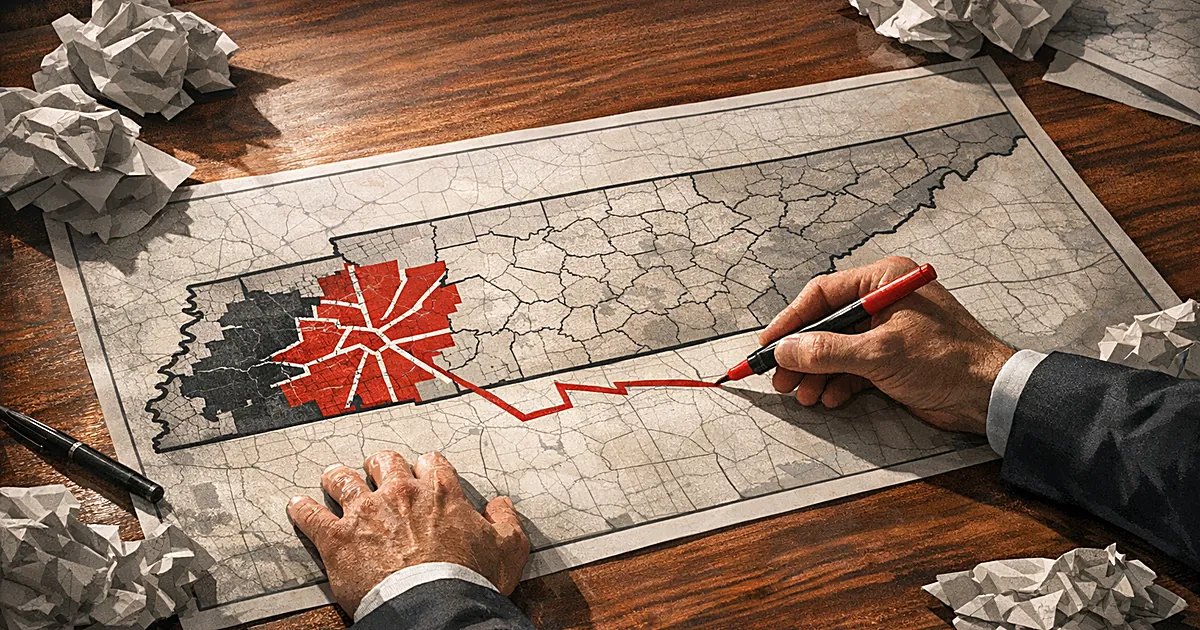 Hands redrawing district boundaries on a Tennessee map, fragmenting a western region into irregular pieces