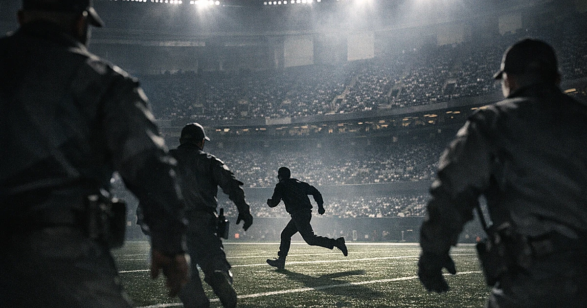 Silhouetted figure running across illuminated stadium field as security personnel approach from sidelines