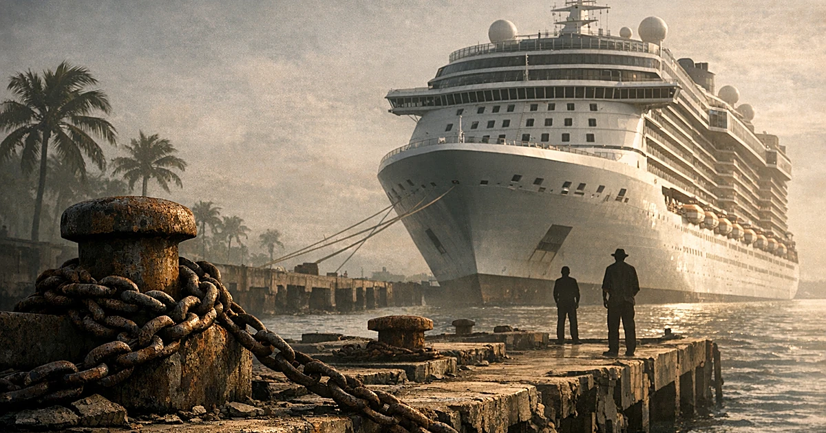 Cruise ship docked at deteriorating harbor with rusted chains and aging concrete pier infrastructure