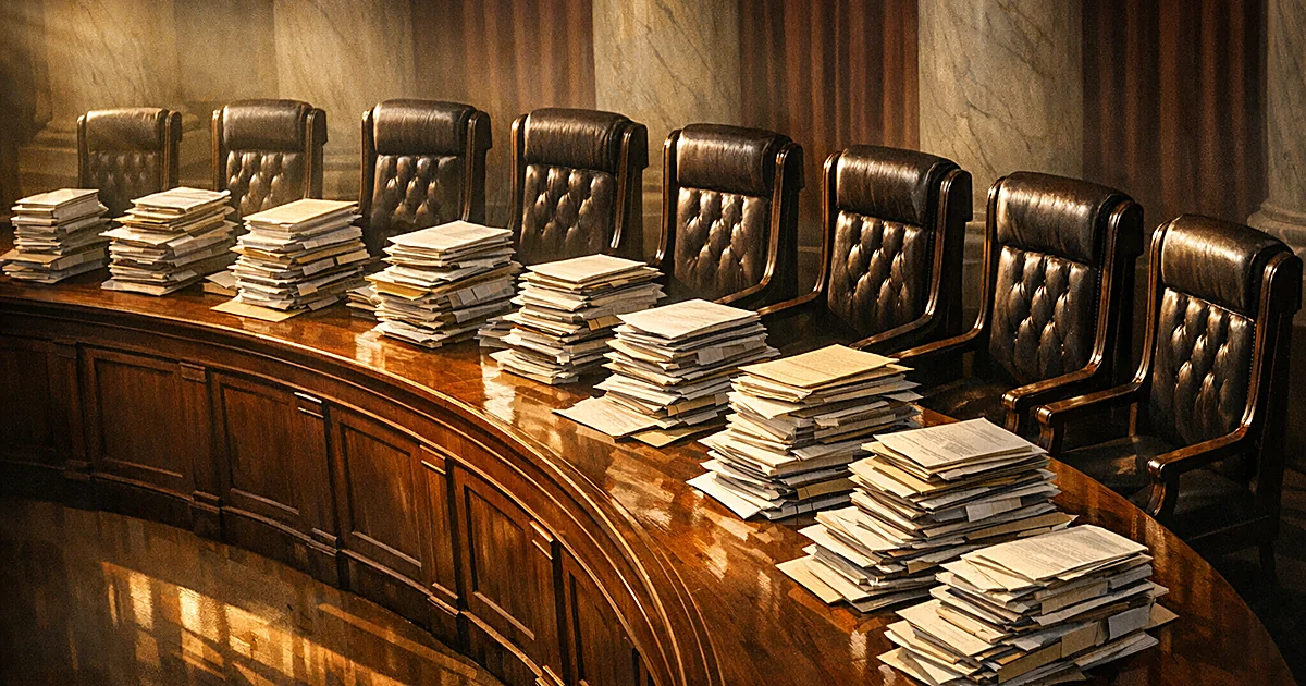 Overhead view of empty Supreme Court bench with nine chairs and tall stacks of legal documents piled before each seat