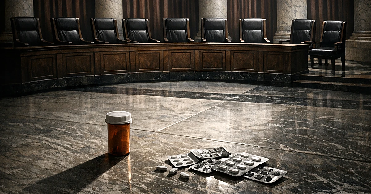 Overhead view of empty courtroom chairs with prescription pill bottle casting shadow on marble floor below