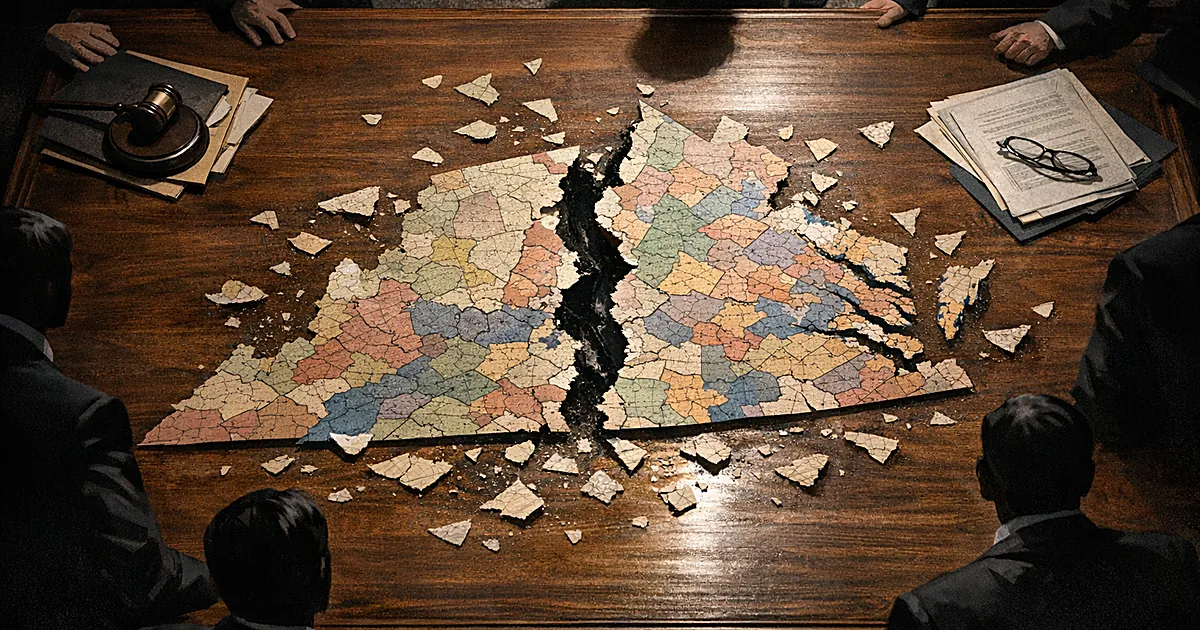 Overhead view of Virginia map torn in half on table surrounded by silhouetted figures in dark suits
