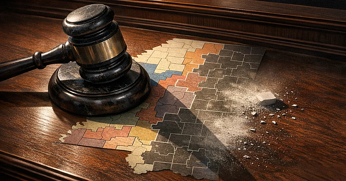 Gavel on bench casting shadow over Mississippi map with district lines being redrawn in dramatic lighting