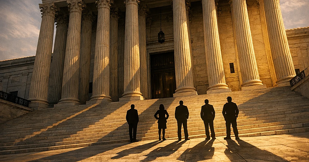 Four long shadows cast across marble courthouse steps and columns in dramatic afternoon light