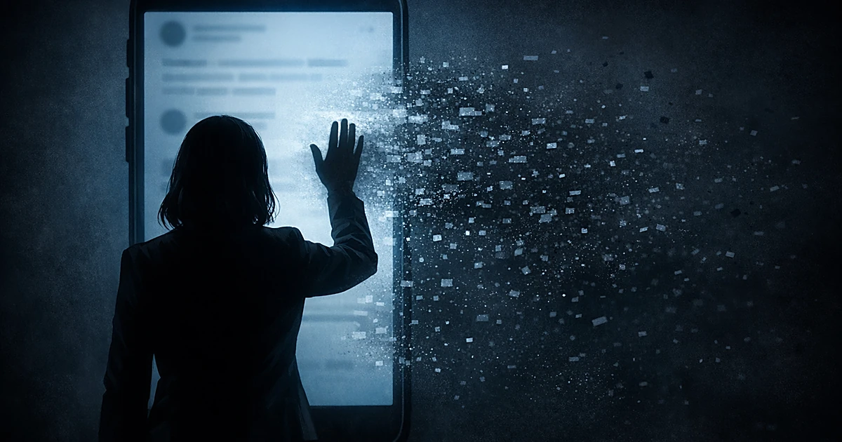 Silhouette erasing content from glowing phone screen as digital fragments dissolve into darkness