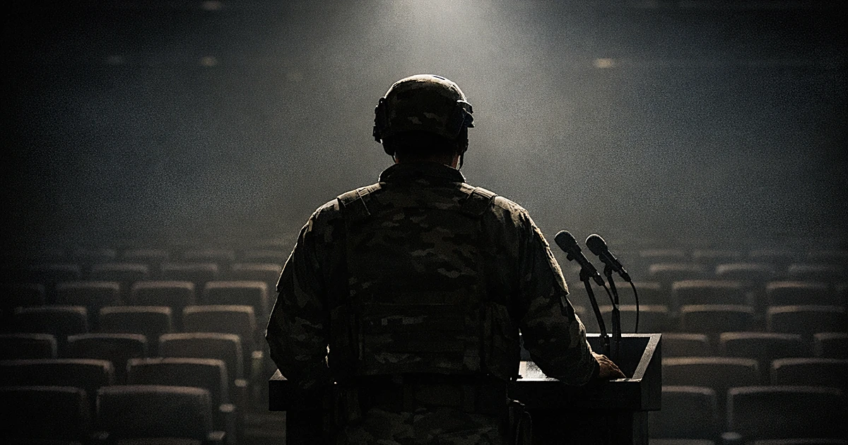 Silhouetted military figure at podium facing empty auditorium seats in dramatic spotlight