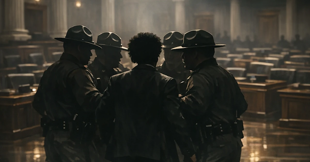 Silhouettes of state troopers surrounding a figure on a legislative chamber floor with dramatic lighting
