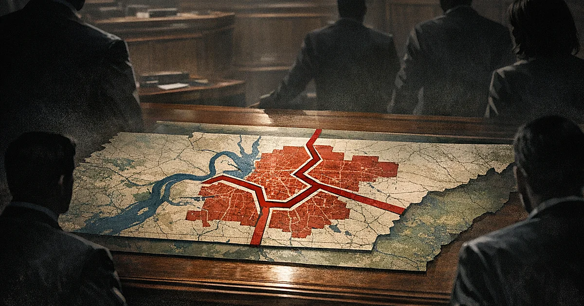 Map showing Tennessee divided into districts with one urban area split into three sections, viewed from above