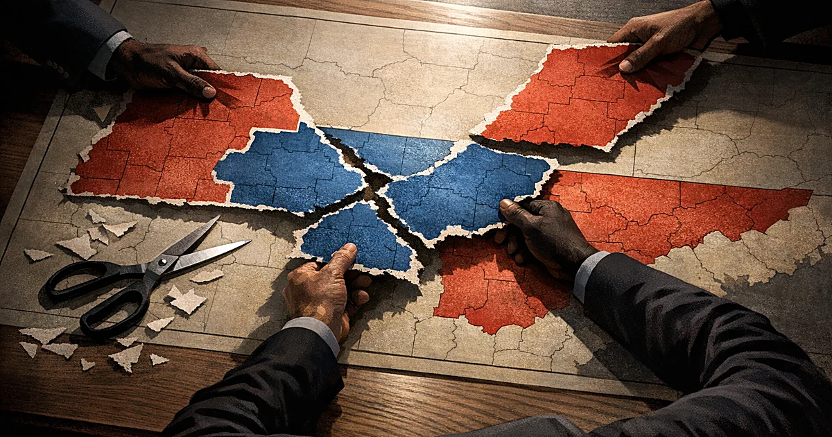 Hands tearing apart a blue district on Tennessee map into three separate red-outlined sections