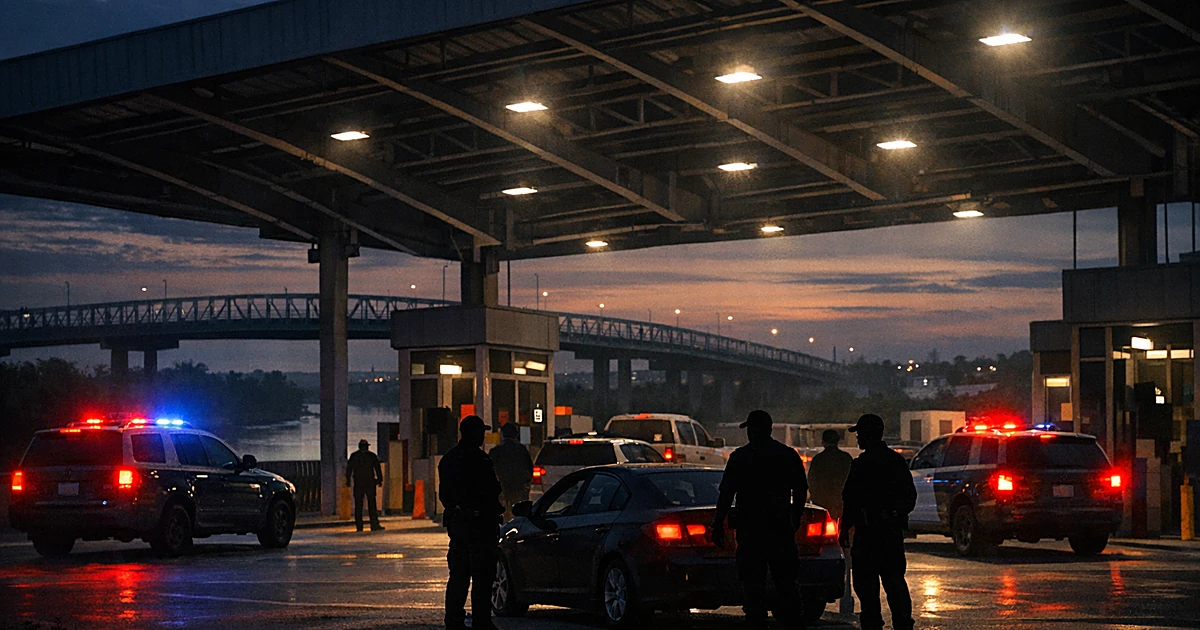 Border checkpoint at dusk with patrol vehicles and silhouetted officers inspecting vehicles in inspection lanes