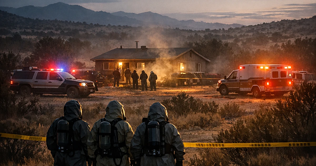 Hazmat-suited responders silhouetted near cordoned home with emergency vehicle lights in desert landscape