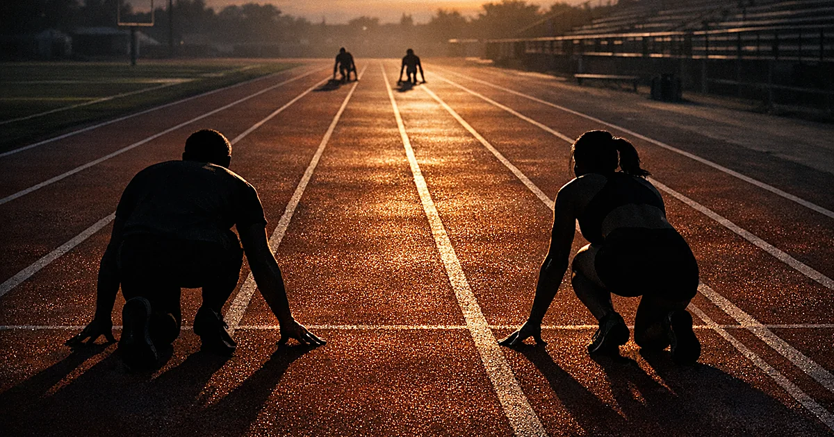 Silhouetted athletes in starting positions on parallel running track lanes at dusk with dramatic shadows