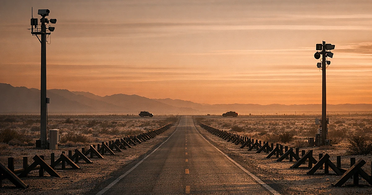 Empty desert border road at dusk with barriers and distant patrol vehicles in a still, vacant landscape
