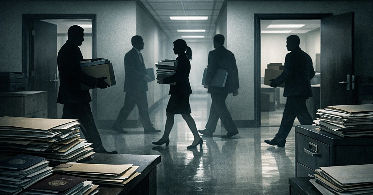 Silhouetted figures transferring boxes of documents between government office doorways in fluorescent-lit hallway