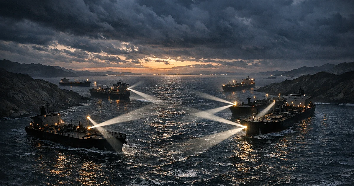 Aerial view of ships in standoff formation in narrow strait with searchlights crossing turbulent waters at dusk