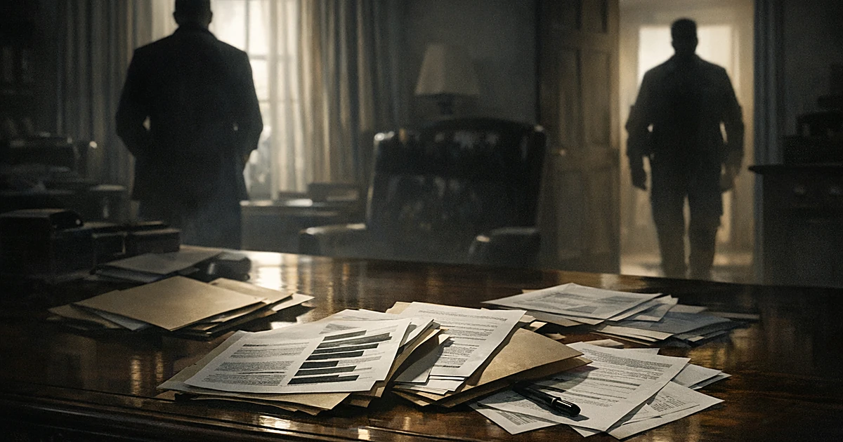 Silhouetted figures in office with scattered declassified documents on desk, dramatic lighting creates tense mood
