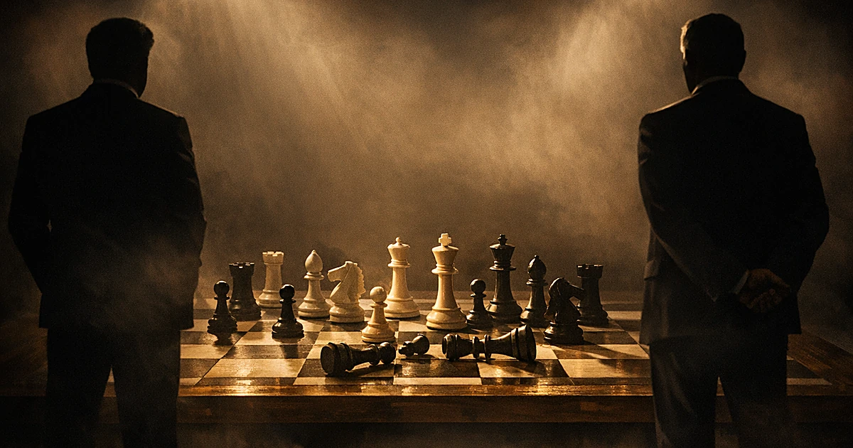 Two silhouetted figures at opposite ends of a chess board under dramatic theatrical lighting