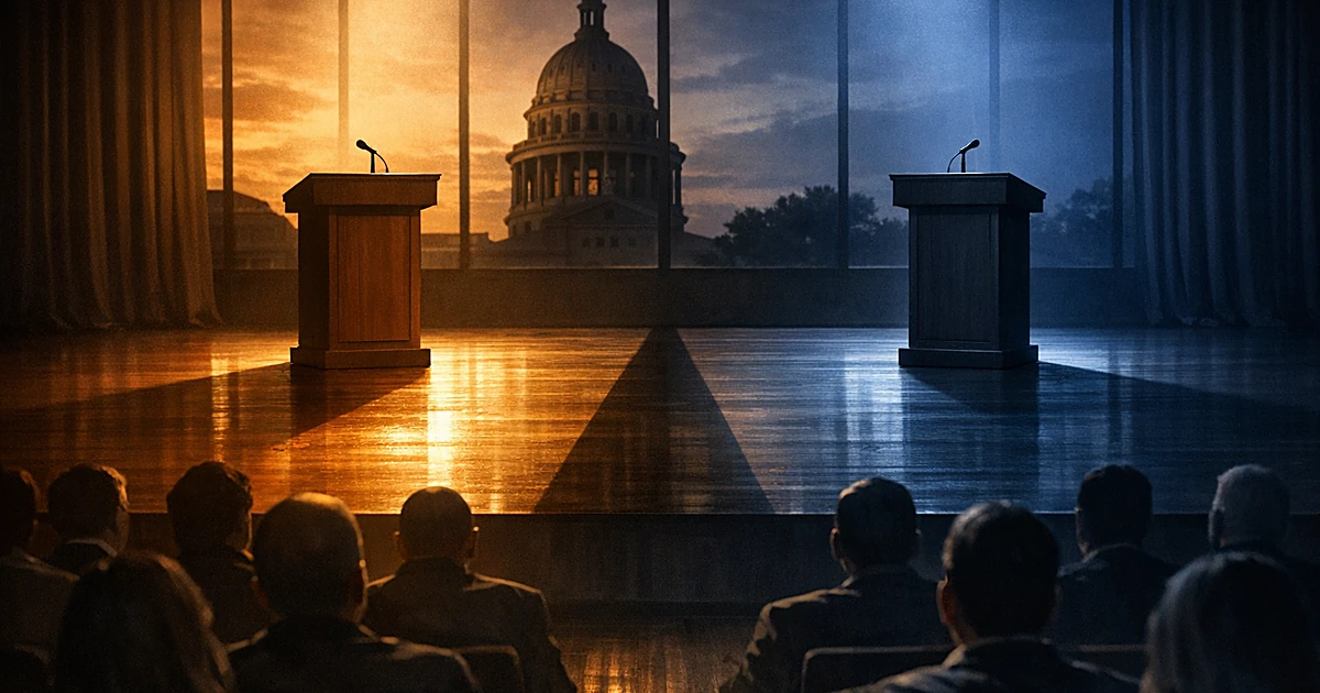Two podiums on opposite sides of stage with contrasting lighting, viewed from behind silhouetted audience