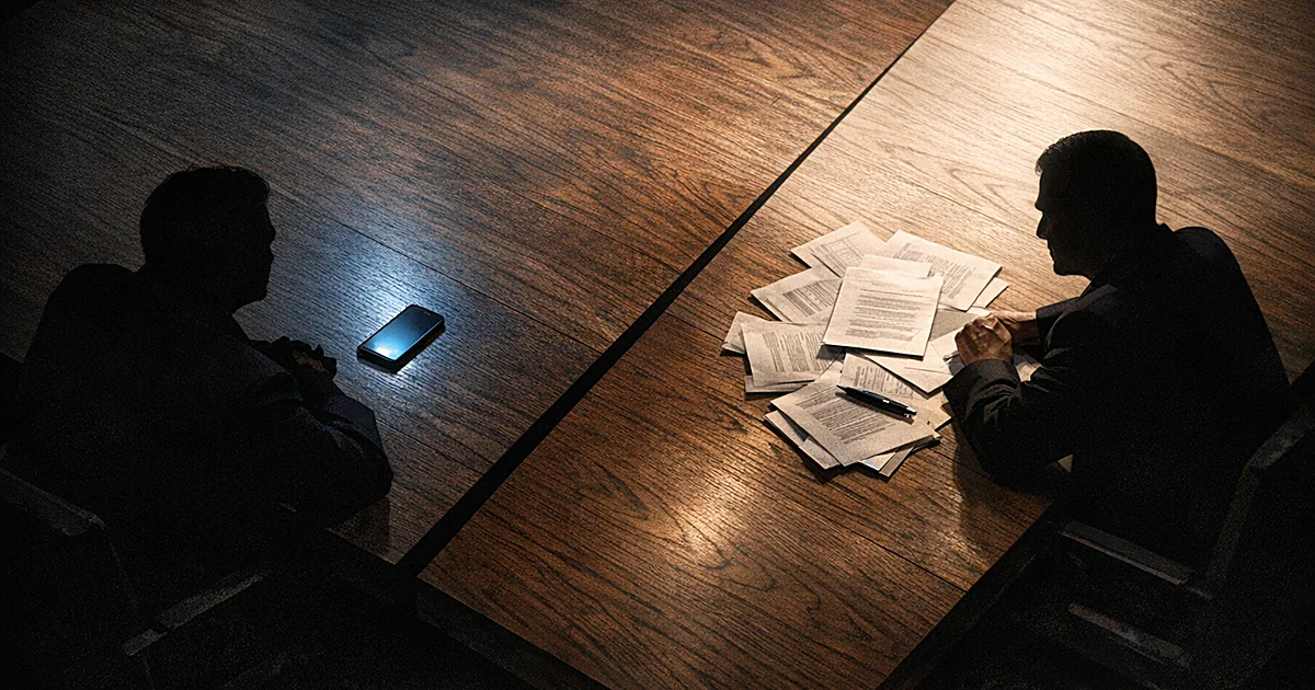Two silhouetted figures at opposite ends of a table divided by light and shadow, with a glowing smartphone between them