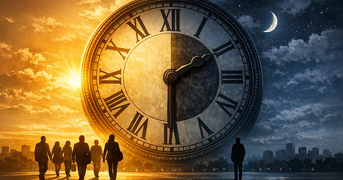 Clock surrounded by split scene of daylight and darkness, with silhouettes walking toward the sunlit side