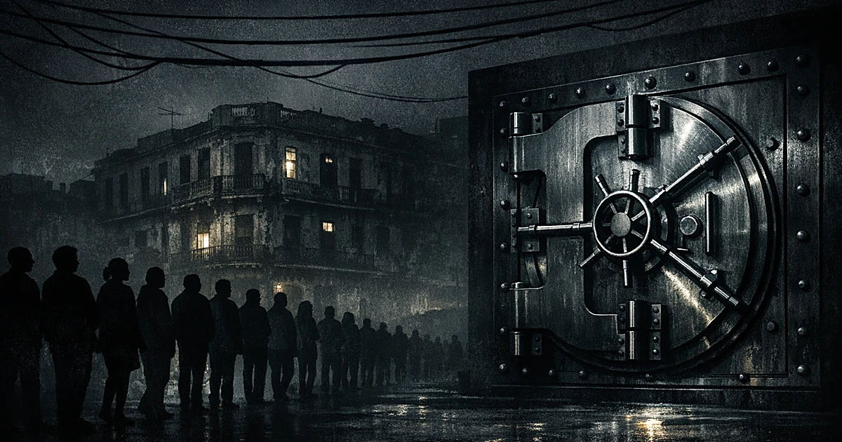 Dark building with queue of silhouetted figures and prominent vault door representing economic sanctions and crisis