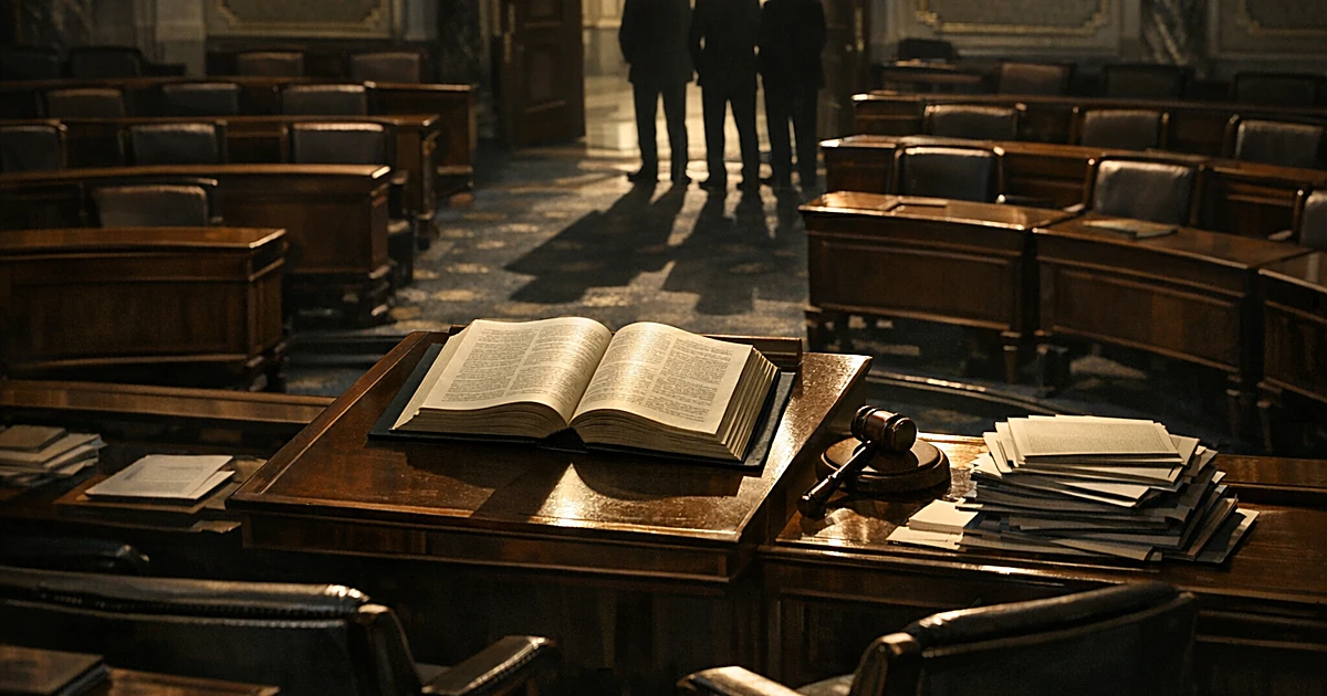 Overhead view of Senate chamber with open rulebook on podium and silhouetted figures standing in background