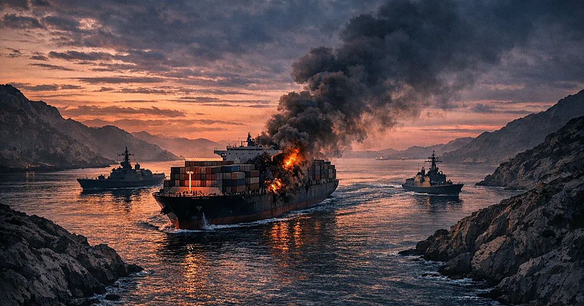 Damaged cargo ship with smoke trails escorted by military vessels through narrow strait waters at dusk