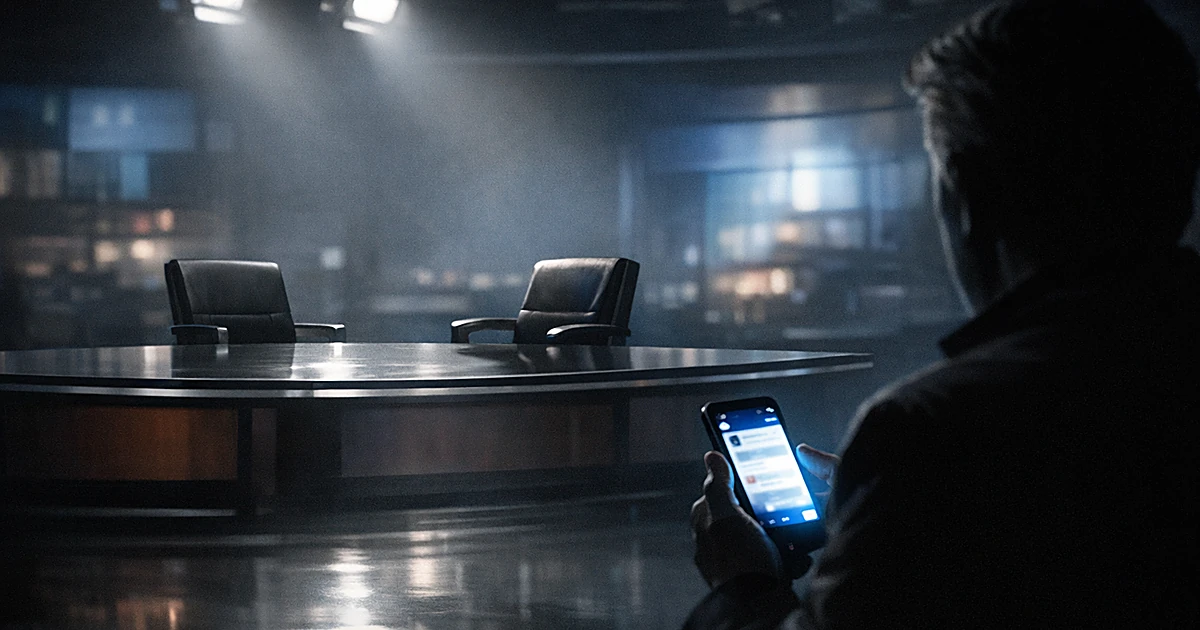 Empty TV studio chairs with silhouetted figure holding glowing smartphone in foreground, suggesting media criticism