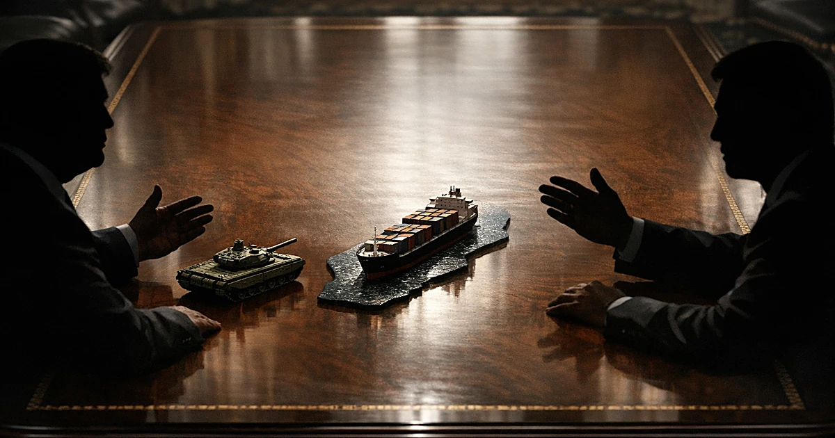 Two silhouetted diplomats at conference table with miniature military equipment and ship model between them