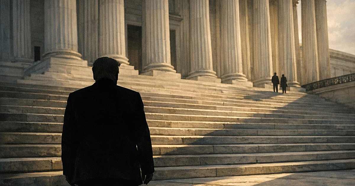 Silhouetted figure facing grand courthouse steps and columns with dramatic shadows across marble stairs