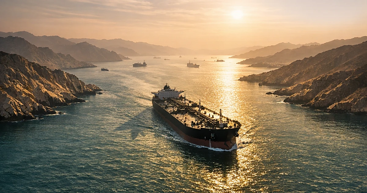 Aerial view of oil tanker navigating through the Strait of Hormuz between rocky coastlines at golden hour